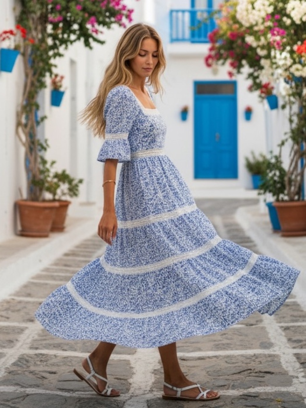 Tuckernuck Pink City Prints Cottage Core Blue and White Floral Maxi Dress